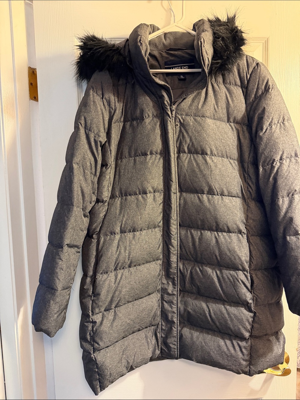Lands' End Women's Charcoal Quilted Puffer with Faux Fur Hood